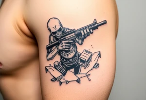 Zombie holding a shotgun, emerging from cracked earth, dark realism style. tattoo idea