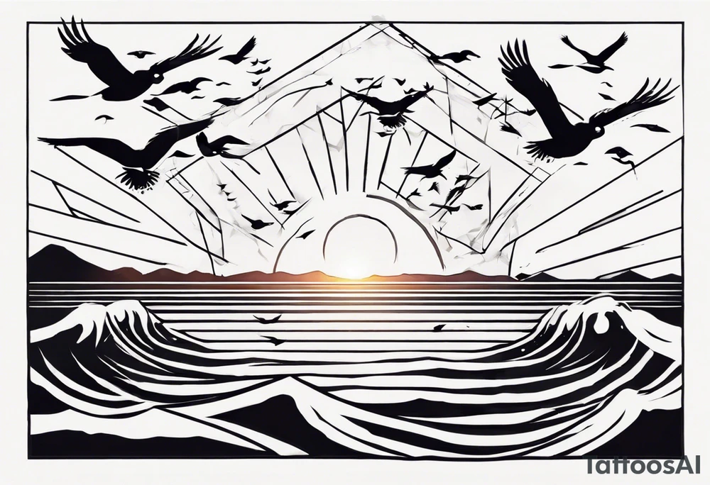 Sunset over the sea with birds flying in a rectangle tattoo idea Sunset over the sea with birds flying in a rectangle tattoo idea