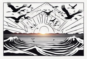 Sunset over the sea with birds flying in a rectangle tattoo idea