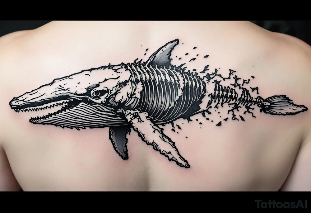 idea is basically a whale that's damaged and torn exposing the skeletal innerts, but it's still fiercely moving forward as hard as it can. on the outline of the whale to have the text : "ただただ生きるのは嫌だ。世界は残酷だ それでも君を愛すよ。" tattoo idea