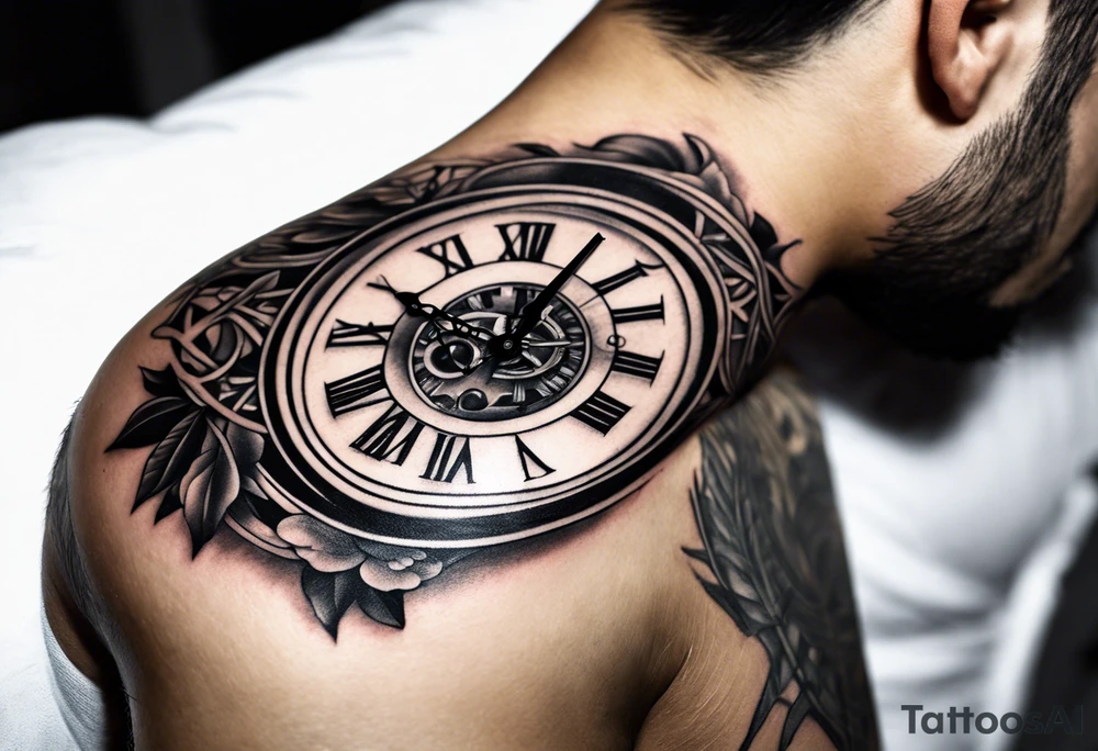 Draw me a tattoo located on the shoulder and upper arm of a man. The tattoo represents a clock in an hourglass with Roman numerals in the background. It is a symbol of the passing of time. tattoo idea