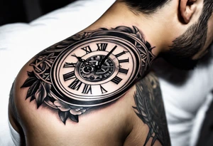 Draw me a tattoo located on the shoulder and upper arm of a man. The tattoo represents a clock in an hourglass with Roman numerals in the background. It is a symbol of the passing of time. tattoo idea