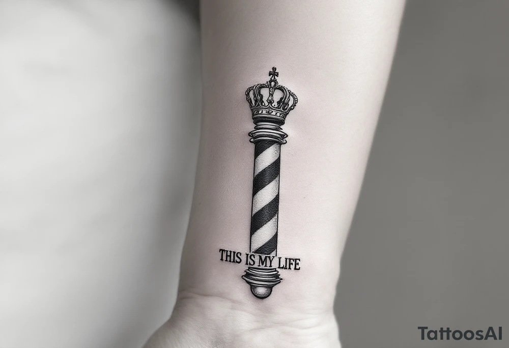 Barber pole with a crown 
           THIS IS MY LIFE tattoo idea