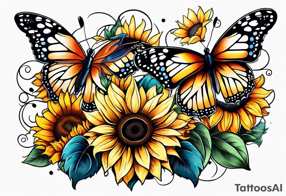 Sleeve with butterflies and sunflowers tattoo idea