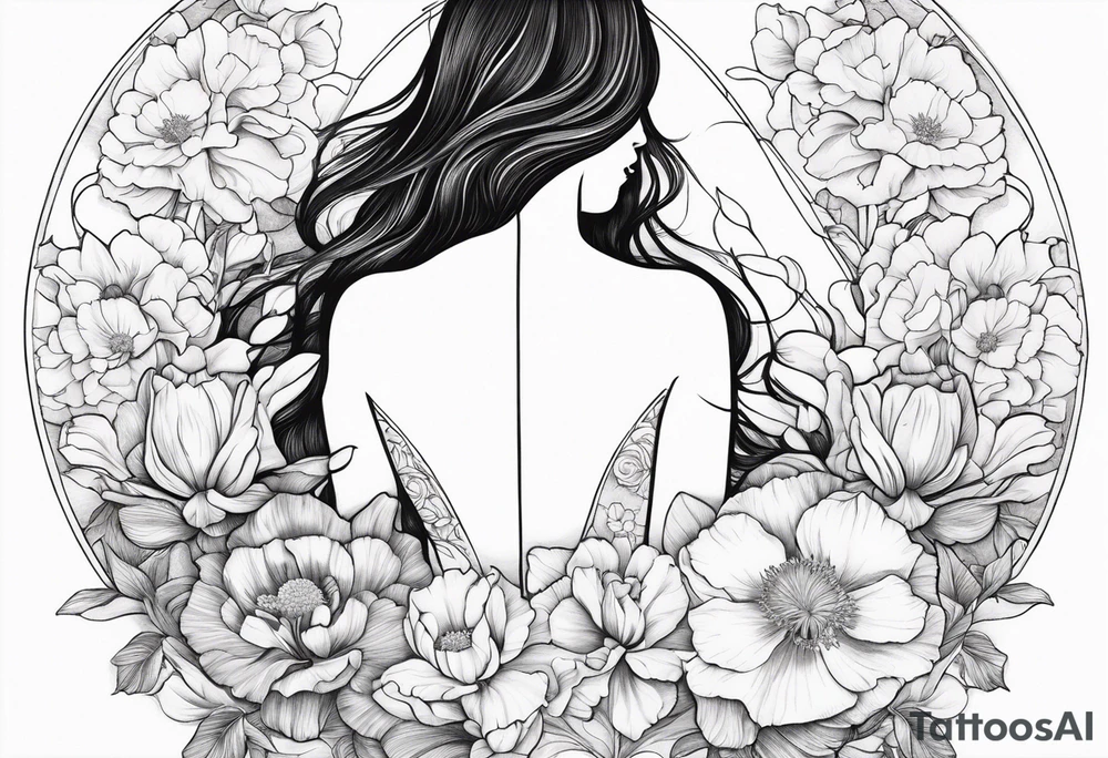 Female no face from behind outline surrounded by carnations
snow drops, iris, poppies, cosmos, and narcissus tattoo idea