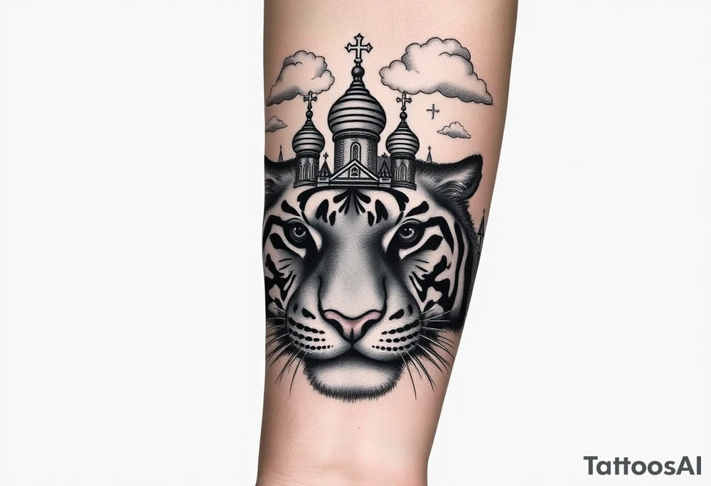 Realistic tiger face on the back of the hand with strong contrast and fine detail with hollow black eyes. with a highly detailed Russian Orthodox cathedral sitting above on fore arm with onion domes and orthodox crosses, done in fine line, engraving-like style. Cohesive composition, black ink only, no color, high contrast, slightly aged, documentary-style, plain light background. with clouds above and a virgin mary tattoo idea