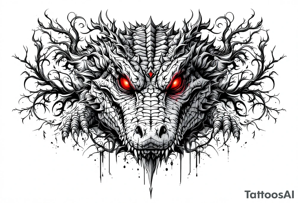 powerful majestic aligator with red eyes, surrounded by death ornaments tattoo idea
