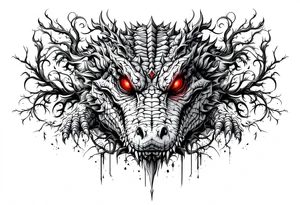 powerful majestic aligator with red eyes, surrounded by death ornaments tattoo idea