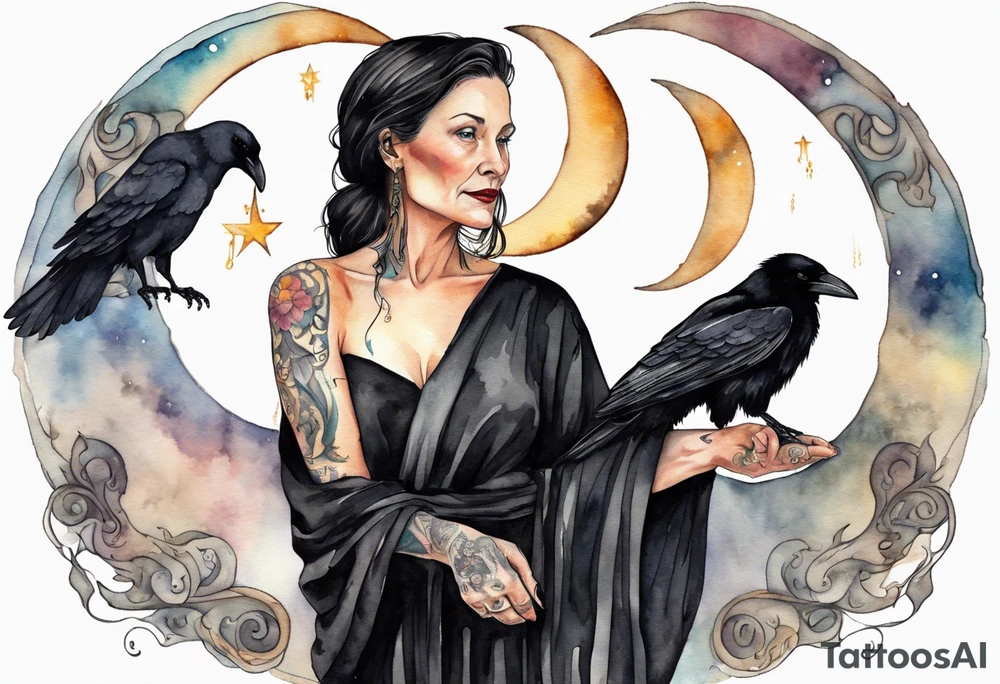a beautiful 50 year old Dakota woman with pale skin wearing a black robe, standing on a crescent moon with bare feet, a raven on her shoulder tattoo idea