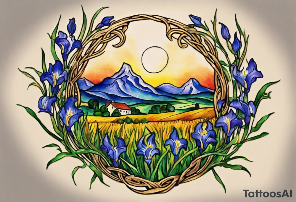 Create a small, colorful Vincent van Gogh Irises tattoo in the form of a crescent, with vines in Celtic knot style gracefully intertwining at a central point in the middle of the wreath. The intended placement is on the upper chest. The middle needs mountains. The overall design should be small in size while maintaining a delicate and artistic aesthetic. Pay attention to the graceful flow of the vines and the placement of the irises to achieve a refined and elegant look. tattoo idea