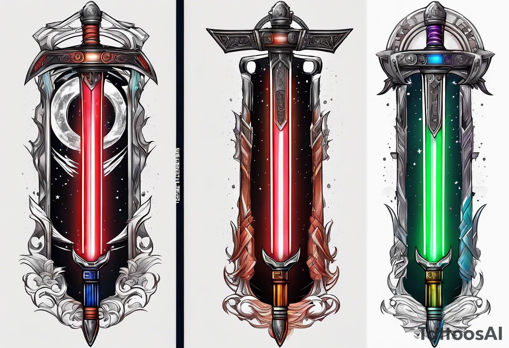 3 Jedi lightsabers with the birth month color for May, July, January tattoo idea