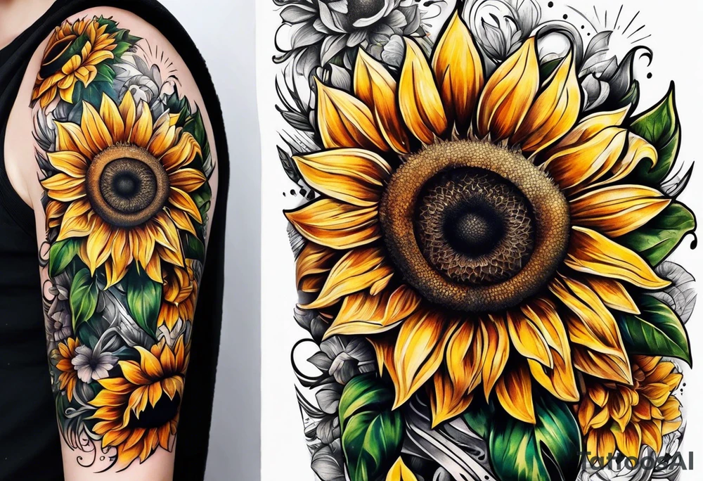Arm sleeve Foral sunflower and roman numeral tattoo idea