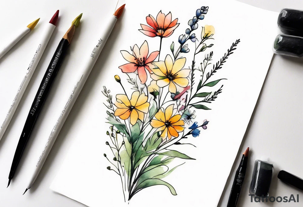 wild flowers long stems bouquet all watercolor tattoo idea