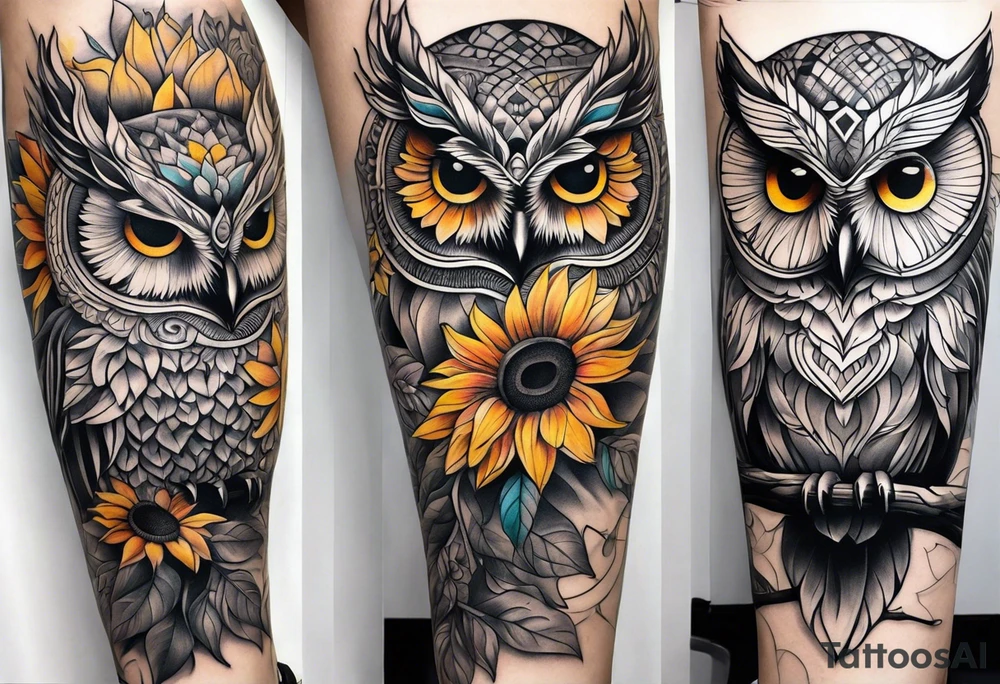 Leg sleeve with colorful sunflowers and an owl tattoo idea