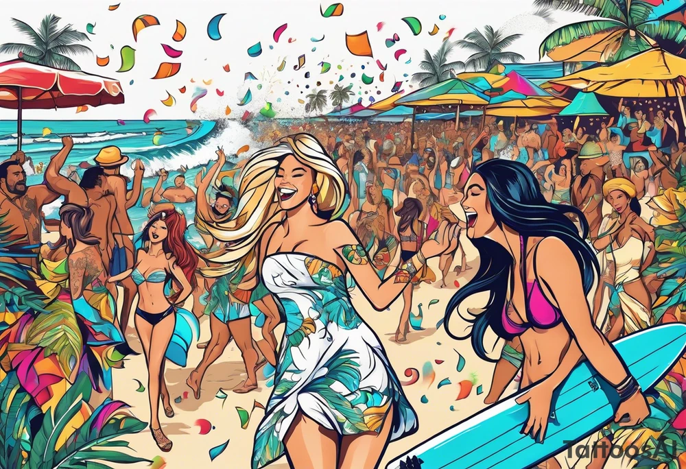 SURFING SAFARI BEACH DANCE 
PARTY WITH CONFETTI AND MUSIC NOTES, TROPICAL DRINKS, SEXY BIKINIS tattoo idea