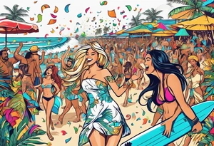 SURFING SAFARI BEACH DANCE 
PARTY WITH CONFETTI AND MUSIC NOTES, TROPICAL DRINKS, SEXY BIKINIS tattoo idea