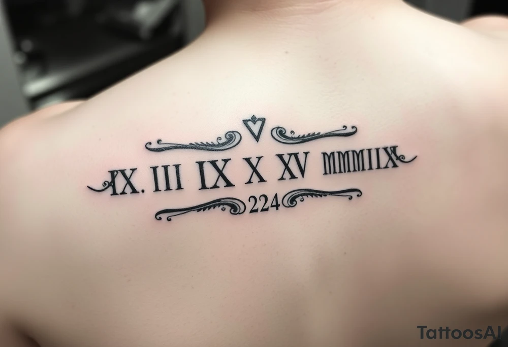 Create tattoo design with equal representation of both Roman numeral dates (IX.IX.MM and II.XXV.MMIII) in a balanced and symmetrical layout, along with the number 224. Let me know if you’d like any modifications! Inside the arm tattoo idea
