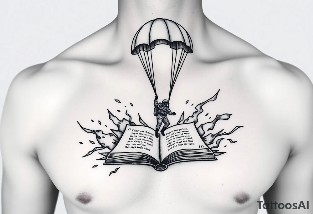 A parachuting soldier landing into an open book. Chaos surrounding, but the book is protecting the soldier from it. On the chest. book contains a quote. Make it smaller. tattoo idea