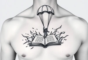 A parachuting soldier landing into an open book. Chaos surrounding, but the book is protecting the soldier from it. On the chest. book contains a quote. Make it smaller. tattoo idea