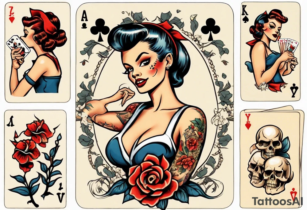 traditional pin up girl, playing cards, skulls, flowers tattoo idea
