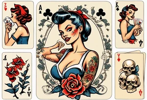 traditional pin up girl, playing cards, skulls, flowers tattoo idea