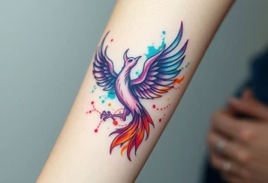 Phoenix in flames with purple, blue, orange, teal and green splashes, looking upwards tattoo idea