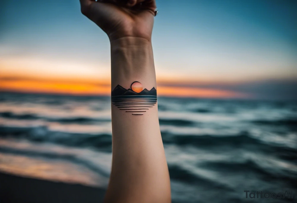 This is an extremely simple and minimalistic tattoo on forearm horizontally. The tattoo is very wide on the forearm and not tall. From the perspective of being on the ocean, Water is calm, with no waves in sight, the sun is setting behind the ocean, reflecting light onto the ocean. tattoo idea