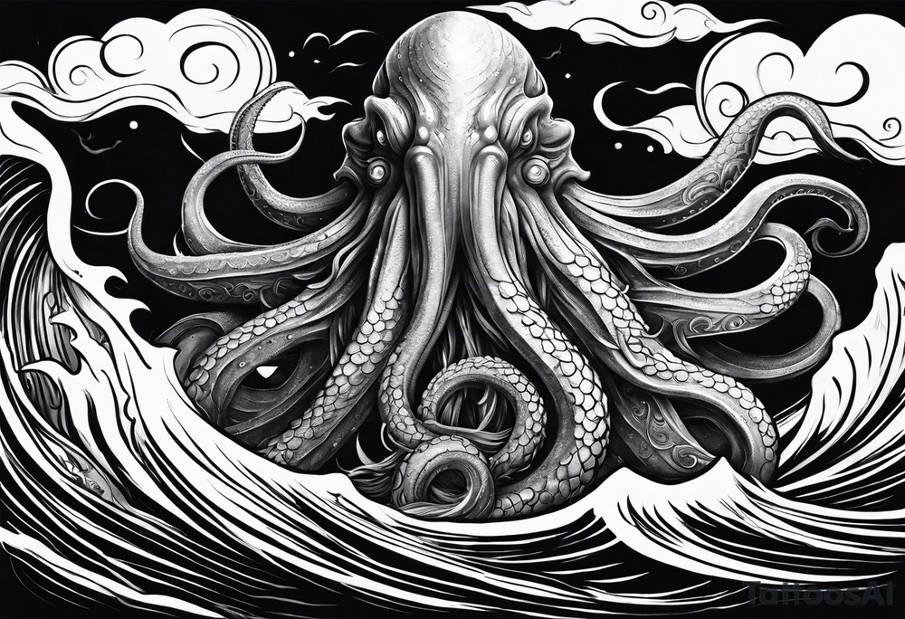 cthulu reaching out for ana anchor from the deep sea entangled with waves tattoo idea