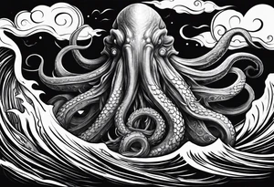 cthulu reaching out for ana anchor from the deep sea entangled with waves tattoo idea