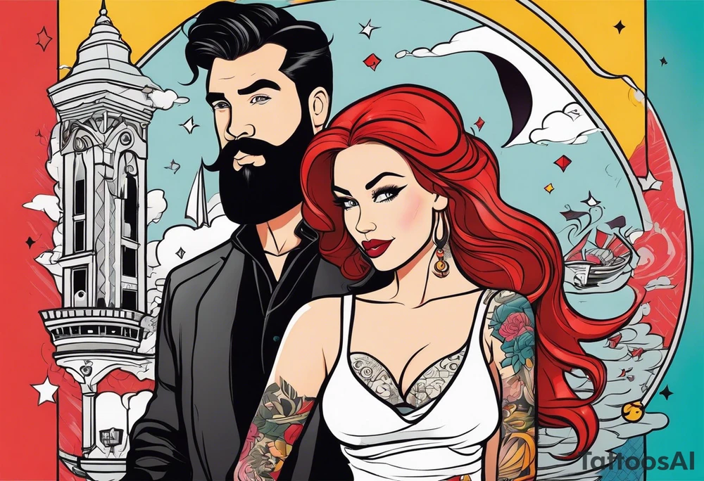 Busty red haired woman with a bearded man who has black hair tattoo idea