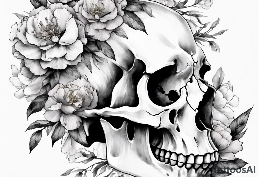 Watercolor horse skull with delicate peonies. tattoo idea