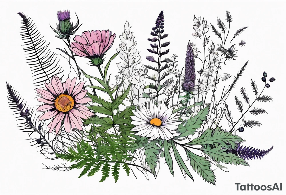 spread out mixed wildflower bouquet with ferns, thistle and with rcolor tattoo idea
