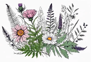 spread out mixed wildflower bouquet with ferns, thistle and with rcolor tattoo idea