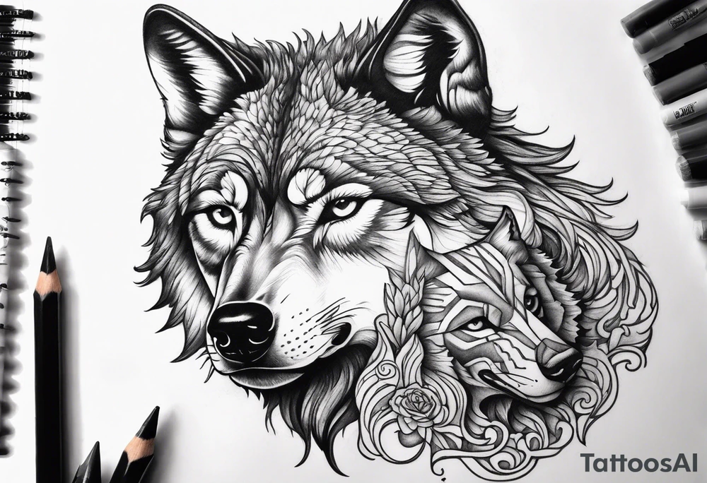wolf's and woman's head split in half tattoo idea