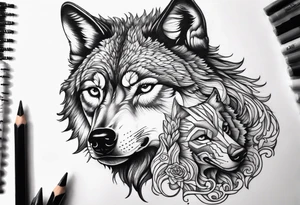 wolf's and woman's head split in half tattoo idea