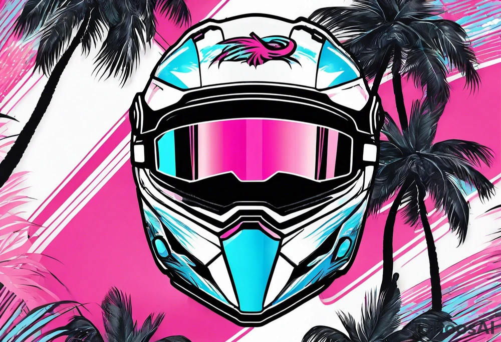 formula 1 helment with a palm tree and black light blue and pink colors tattoo idea