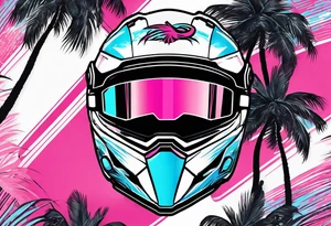 formula 1 helment with a palm tree and black light blue and pink colors tattoo idea