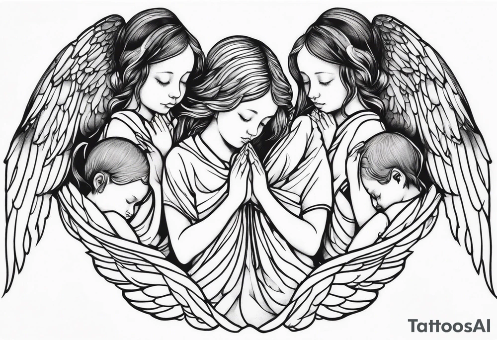three angels praying together. The two boy angels are on either side of the girl angel, with their wings gently enfolding her in a protective embrace tattoo idea