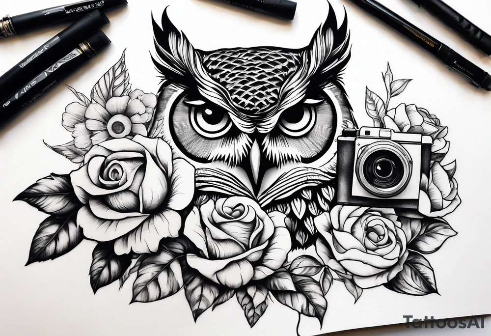 Sunflower, camera, book, owl, flower rose tattoo idea