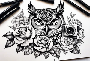 Sunflower, camera, book, owl, flower rose tattoo idea