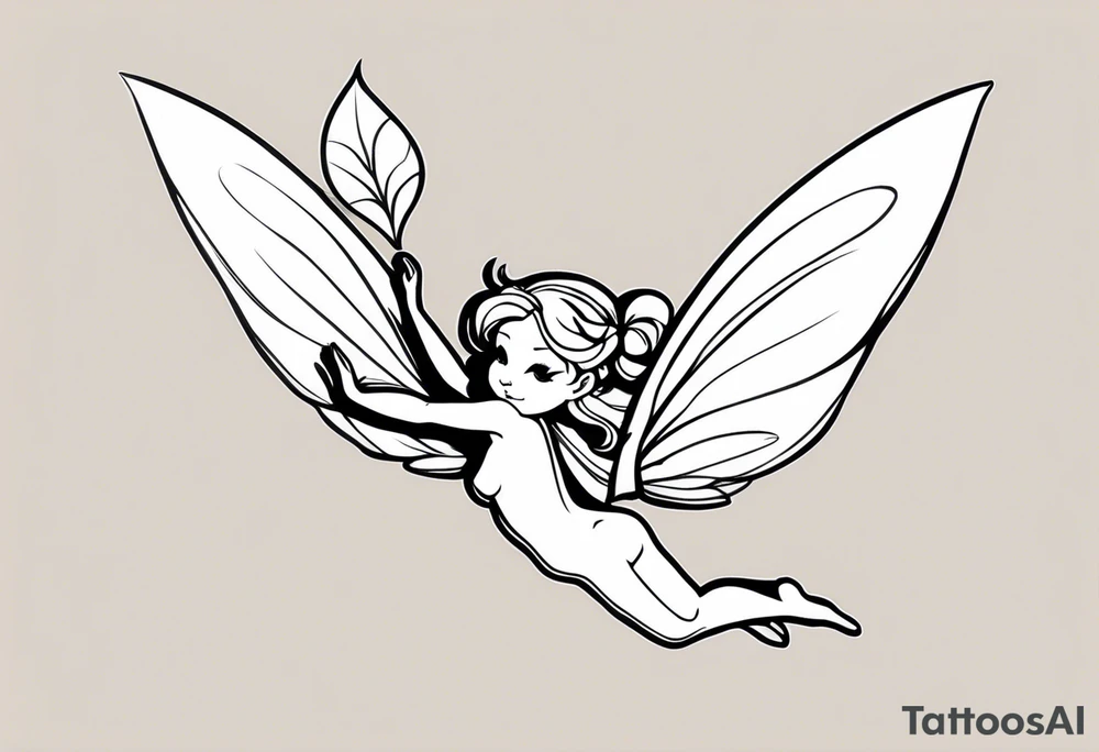 Minimalistic, monochromatic fairy with a tail flying to the left in a fetal position, leaning and looking in the same direction, with visible hands, embodying the 'Fairy Tail' logo aesthetic. tattoo idea