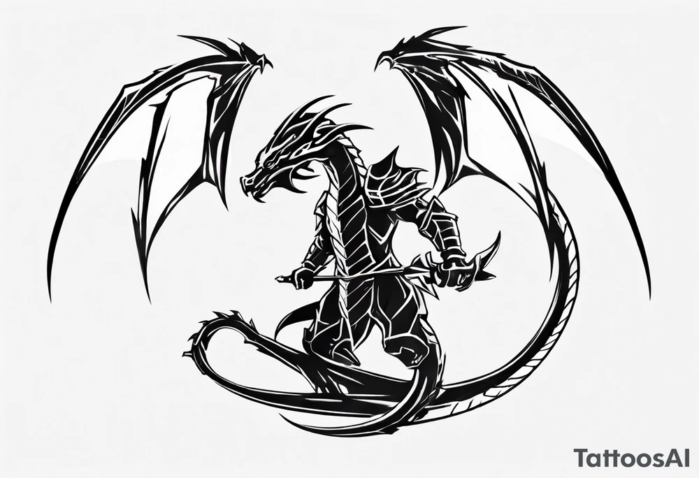 a simple wyvern with a dragon rider human in dragon armor tattoo idea