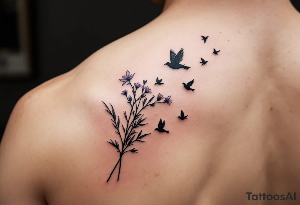 A wood violet blowing in the wind with pedals floating away turning into birds tattoo idea