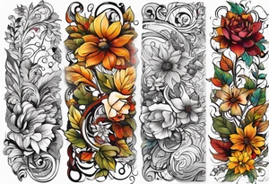 arm sleeve with fall colors, flowers, water, leaves and various shapes, music staff tattoo idea