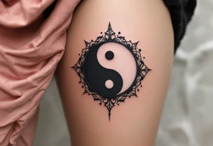 A small yin-yang inspired circle in matte black and bone white with subtle shading. tattoo idea