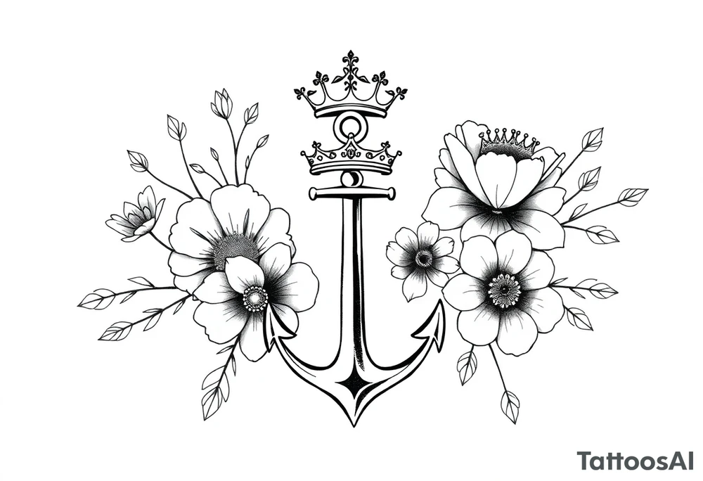detailed beautiful gothic boho flowers with gorgeous crown and anchor tattoo idea