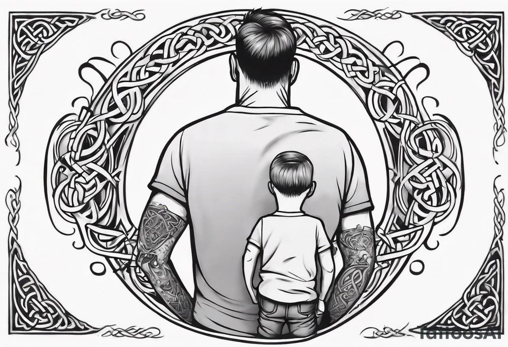 a father with his son on his shoulders from behind. A subtle design on their backs of celtic music. tattoo idea