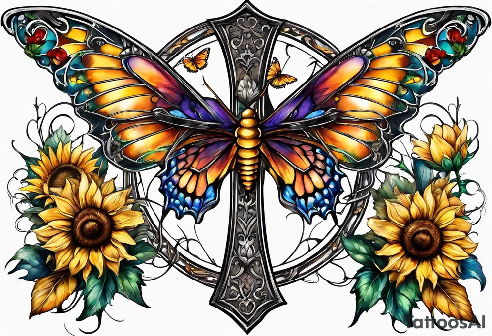 Winged cross with sunflower and butterflies tattoo idea