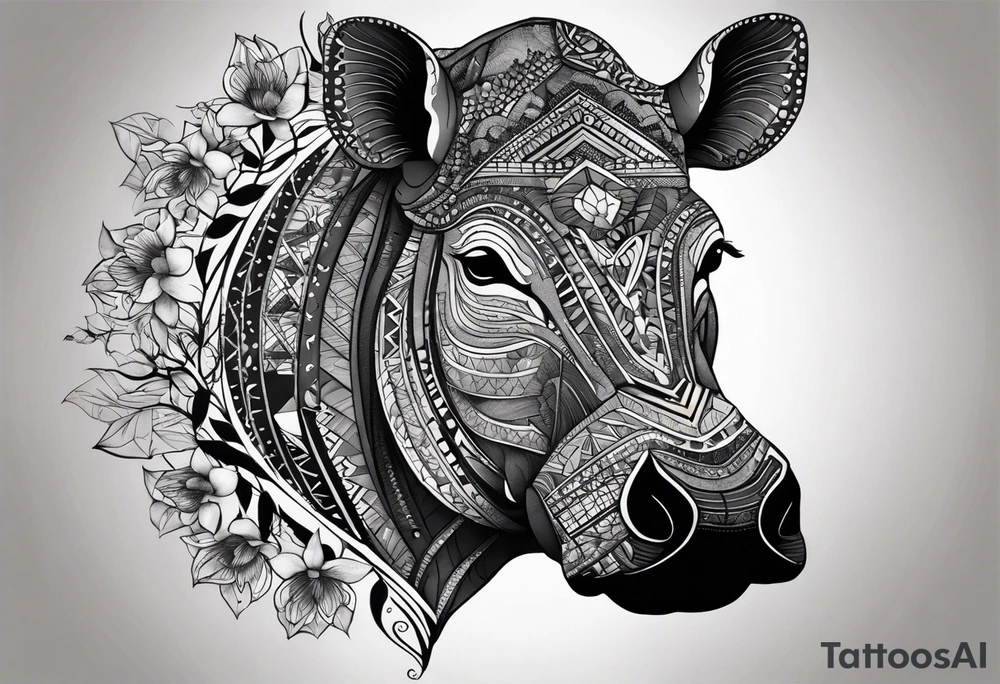 Very asymmetrical, +geometric pattern, with realistic full moon, with hippo,+tribal, +geometric, +inkart , +blackwork, +grey scale, + sketch
with wintersweet flower bud, +for men, detailed layering , modify from my favourites , dont look like a cow tattoo idea