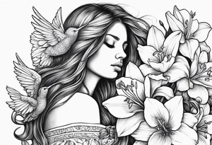 off shoulder 
sad crying angel with head down and face covered by her hair surrounded by lily, daffodil, rose, daisy, narcissus holding a hummingbird tattoo idea